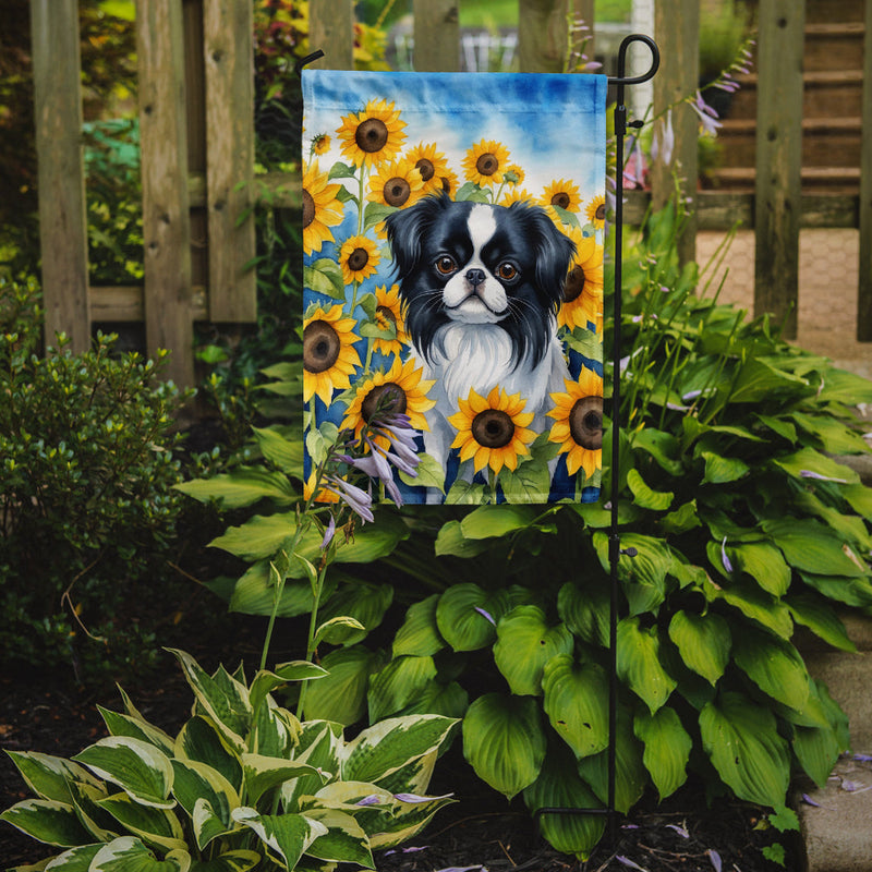 Japanese Chin in Sunflowers Garden Flag – Bright Dog-Themed Yard Decor