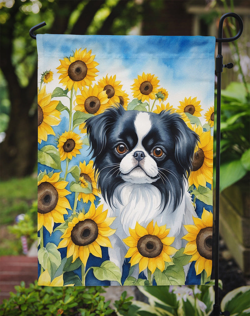 Japanese Chin in Sunflowers Garden Flag – Bright Dog-Themed Yard Decor