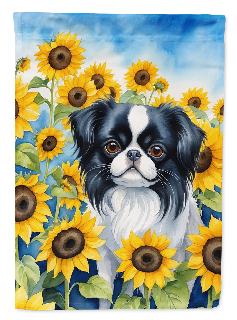 Japanese Chin in Sunflowers Garden Flag – Bright Dog-Themed Yard Decor