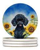 Black Poodle in Sunflowers Large Sandstone Coasters Pack of 4