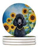 Black Poodle in Sunflowers Large Sandstone Coasters Pack of 4