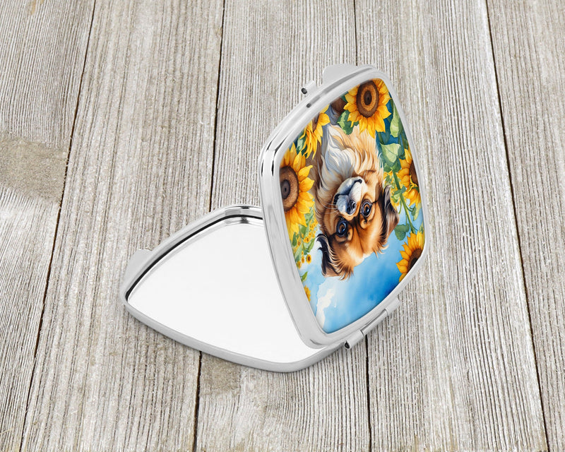 Tibetan Spaniel in Sunflowers Compact Mirror – Stylish Purse Mirror with Artistic Covers