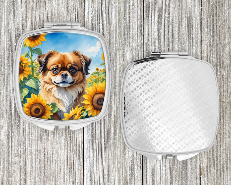 Tibetan Spaniel in Sunflowers Compact Mirror – Stylish Purse Mirror with Artistic Covers