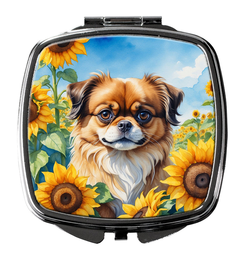 Tibetan Spaniel in Sunflowers Compact Mirror – Stylish Purse Mirror with Artistic Covers