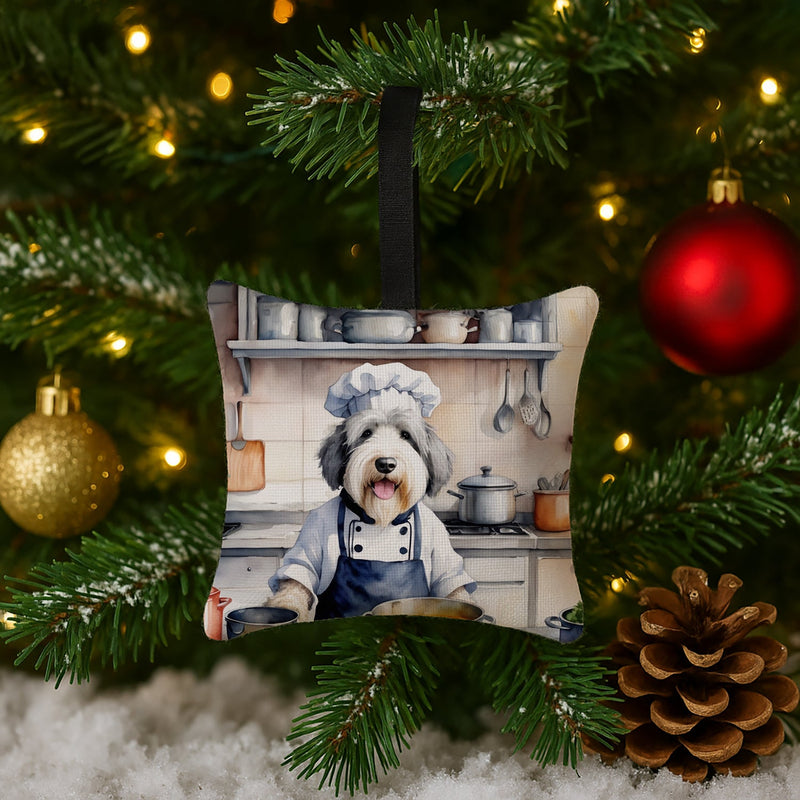 Old English Sheepdog The Chef Hanging Square Fabric Ornament 3.5 × 3.5