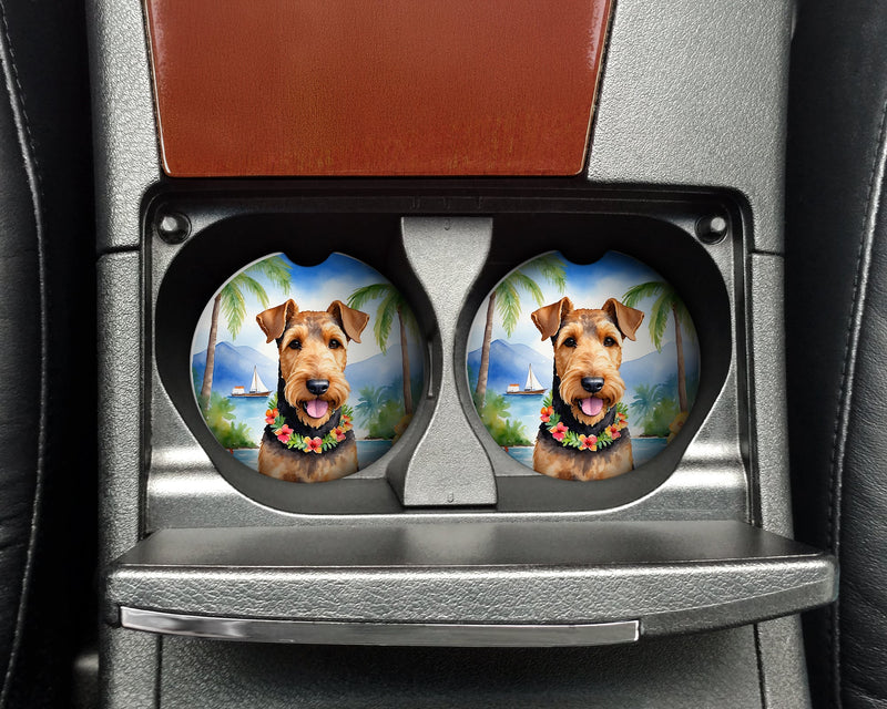 Airedale Terrier Luau Car Coasters – Set of 2 - Absorbent Stone with Fun & Functional Artwork