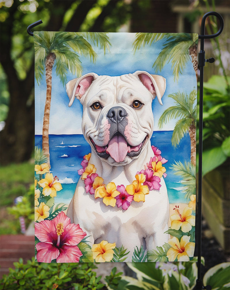 American Bulldog Luau Garden Flag – Tropical Dog Decor with Hibiscus & Palm Leaves