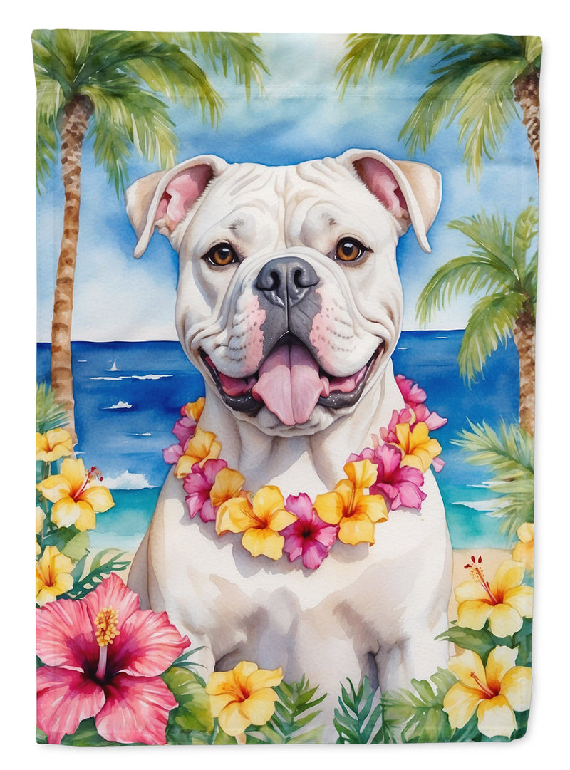 American Bulldog Luau Garden Flag – Tropical Dog Decor with Hibiscus & Palm Leaves