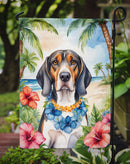 American English Coonhound Luau Garden Flag – Tropical Dog Decor with Hibiscus & Palm Leaves