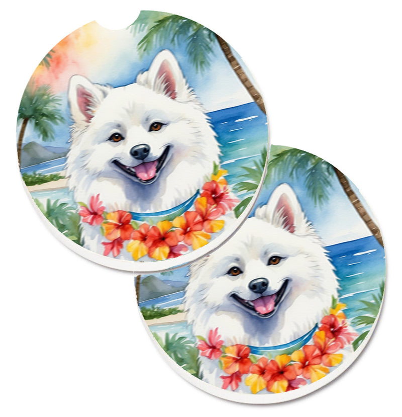 American Eskimo Luau Car Coasters – Set of 2 - Absorbent Stone with Fun & Functional Artwork