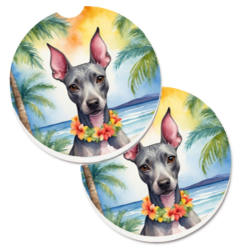 American Hairless Terrier Luau Car Coasters – Set of 2 - Absorbent Stone with Fun & Functional Artwork