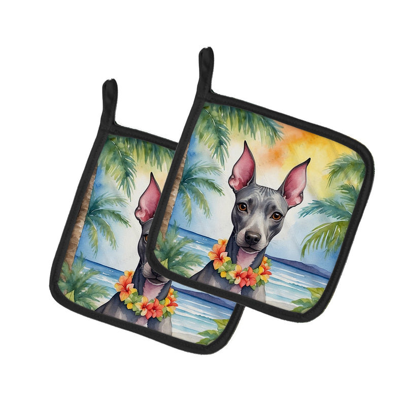 American Hairless Terrier Luau Pot Holders - Set of 2 Decorative Kitchen Helpers | Made in the USA