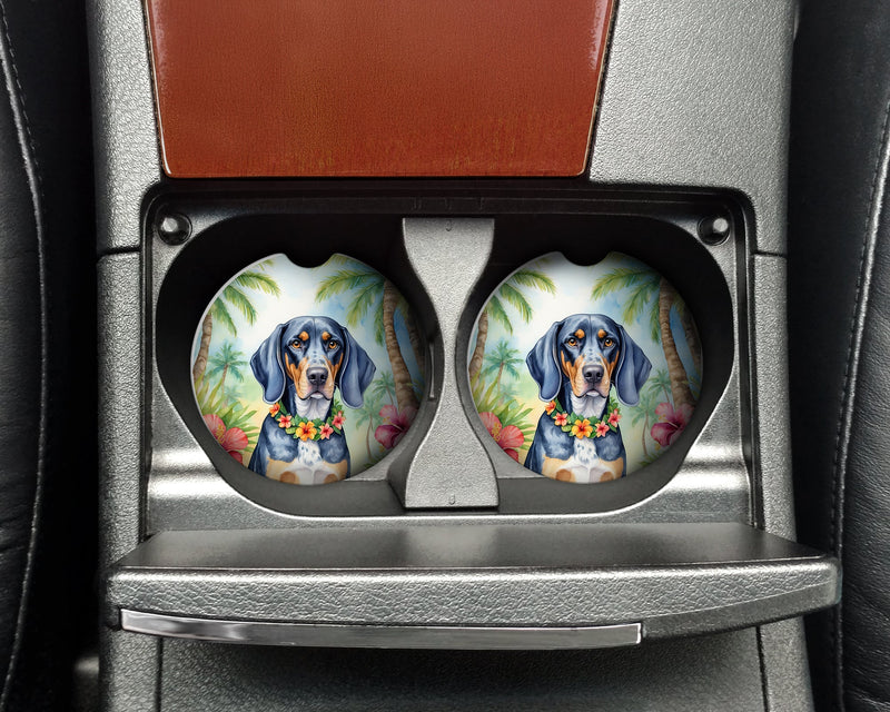 Bluetick Coonhound Luau Car Coasters – Set of 2 - Absorbent Stone with Fun & Functional Artwork