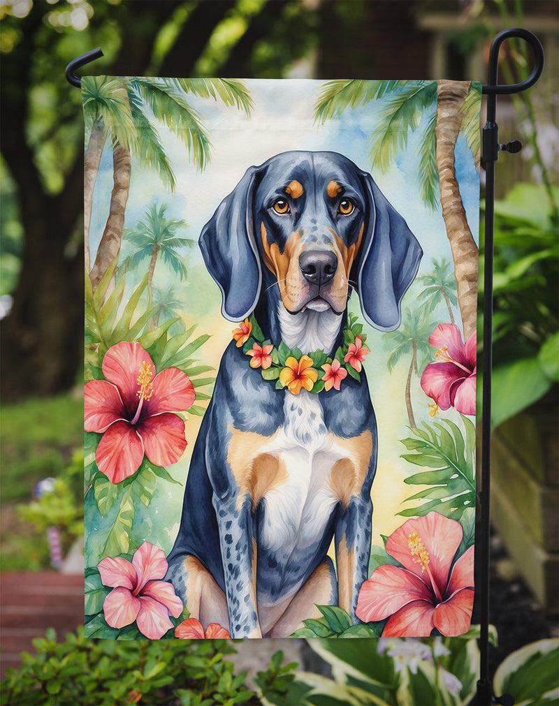 Bluetick Coonhound Luau Garden Flag – Tropical Dog Decor with Hibiscus & Palm Leaves
