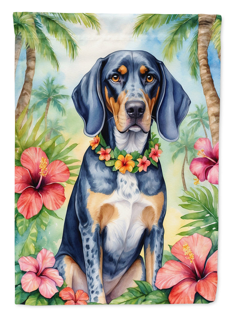Bluetick Coonhound Luau Garden Flag – Tropical Dog Decor with Hibiscus & Palm Leaves