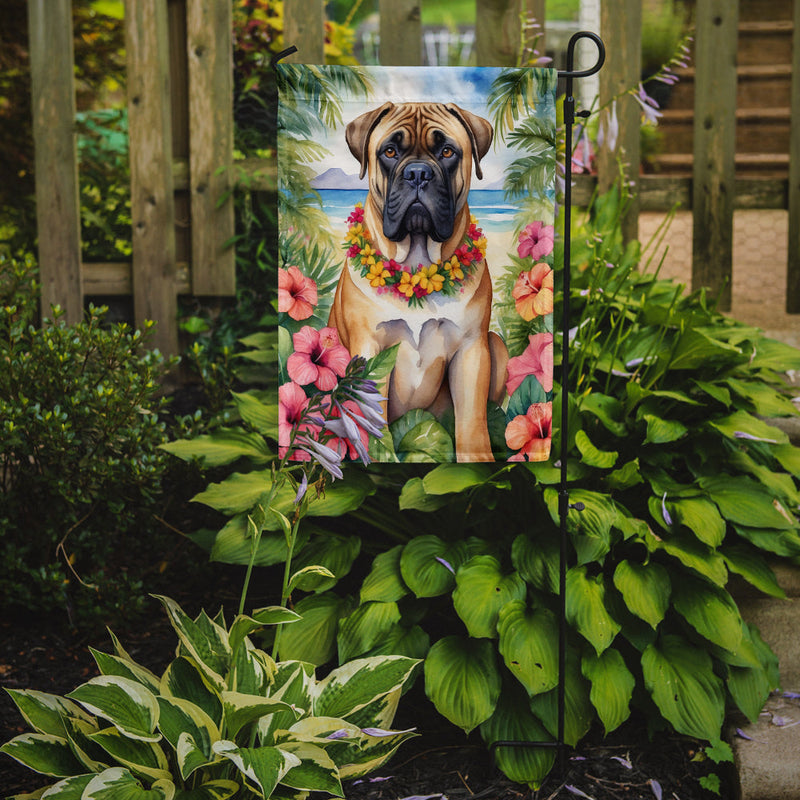 Bullmastiff Luau Garden Flag – Tropical Dog Decor with Hibiscus & Palm Leaves
