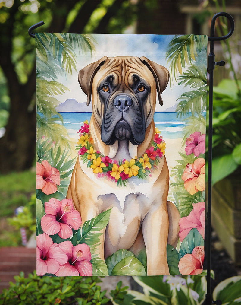 Bullmastiff Luau Garden Flag – Tropical Dog Decor with Hibiscus & Palm Leaves