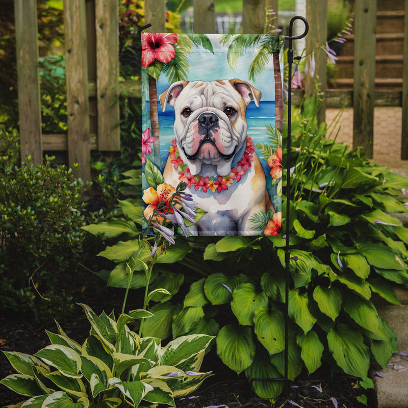 English Bulldog Luau Garden Flag – Tropical Dog Decor with Hibiscus & Palm Leaves