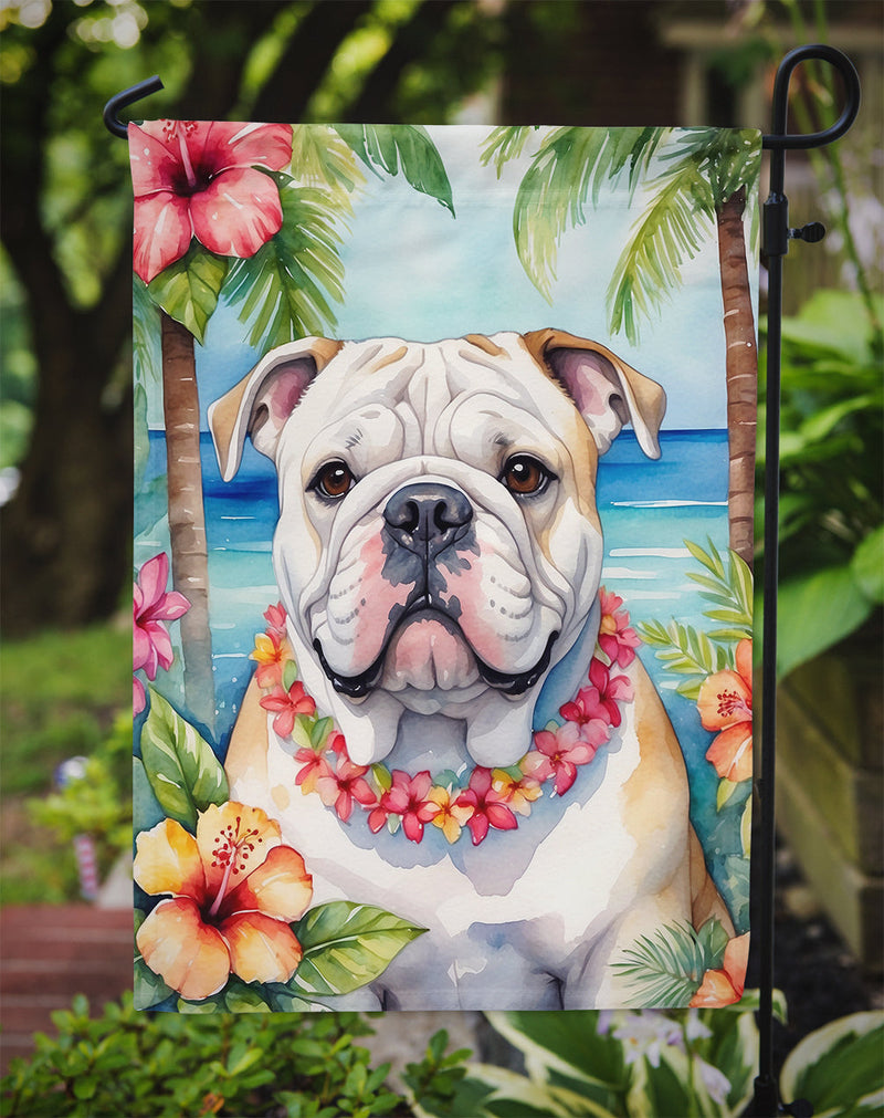English Bulldog Luau Garden Flag – Tropical Dog Decor with Hibiscus & Palm Leaves