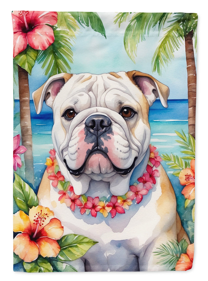 English Bulldog Luau Garden Flag – Tropical Dog Decor with Hibiscus & Palm Leaves