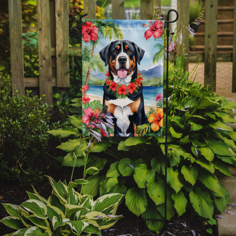 Greater Swiss Mountain Dog Luau Garden Flag – Tropical Dog Decor with Hibiscus & Palm Leaves