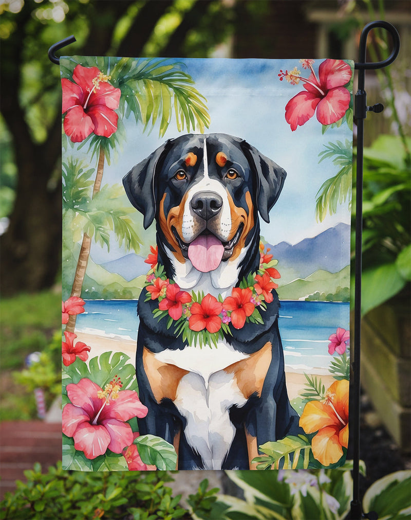 Greater Swiss Mountain Dog Luau Garden Flag – Tropical Dog Decor with Hibiscus & Palm Leaves