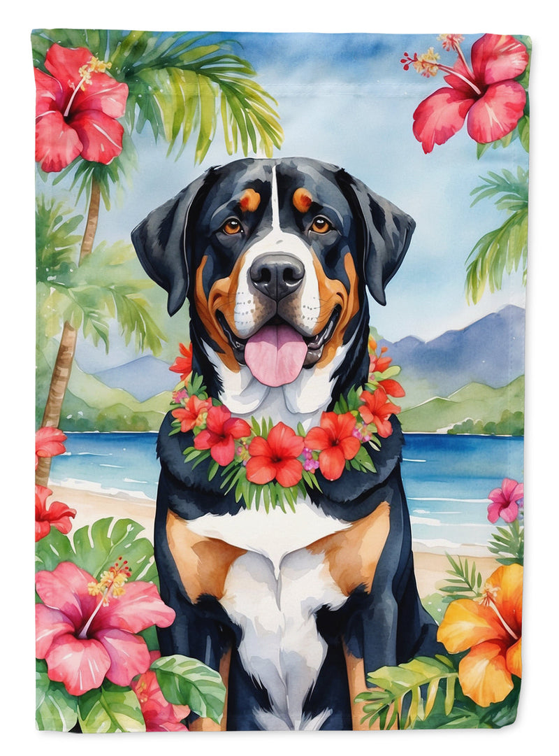 Greater Swiss Mountain Dog Luau Garden Flag – Tropical Dog Decor with Hibiscus & Palm Leaves