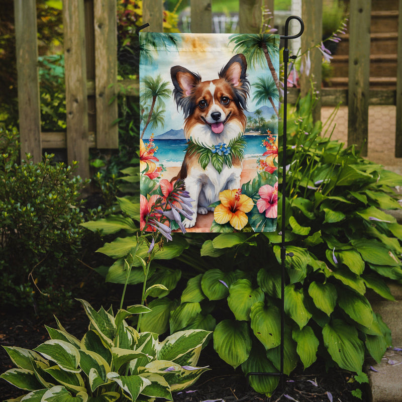 Papillon Luau Garden Flag – Tropical Dog Decor with Hibiscus & Palm Leaves