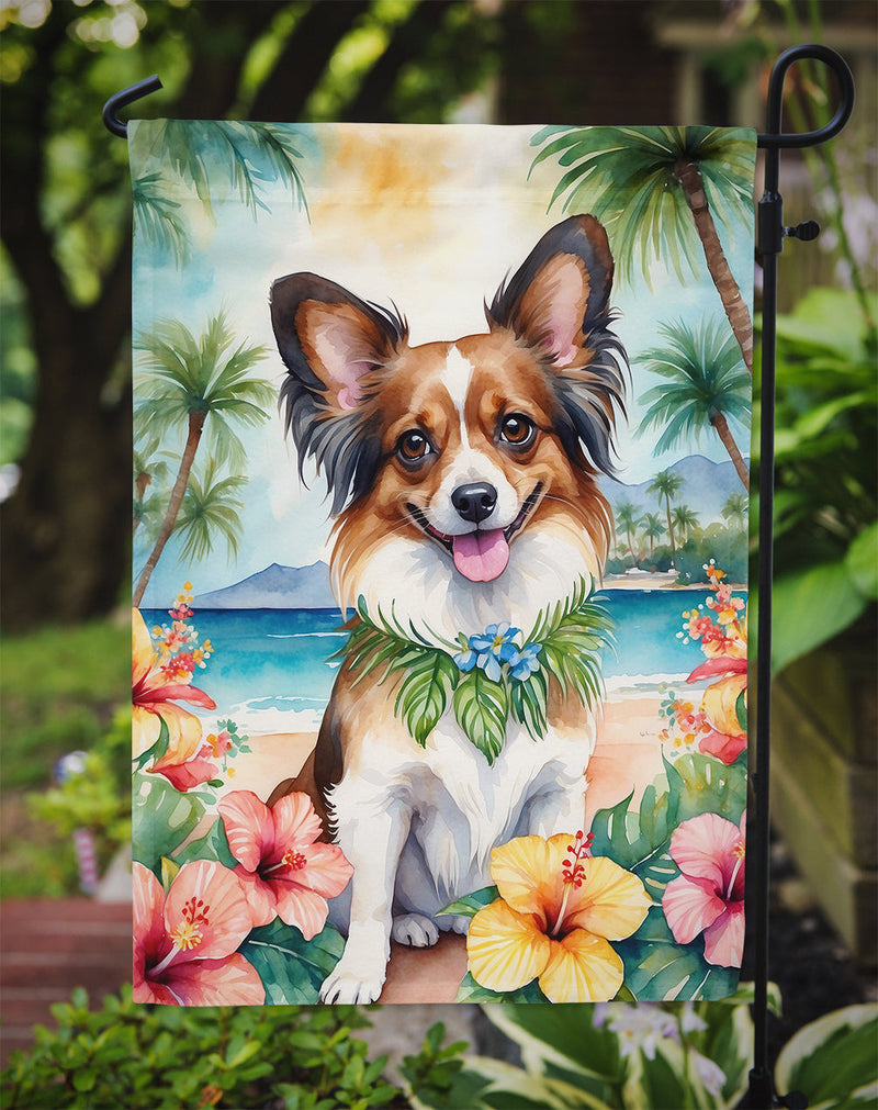 Papillon Luau Garden Flag – Tropical Dog Decor with Hibiscus & Palm Leaves