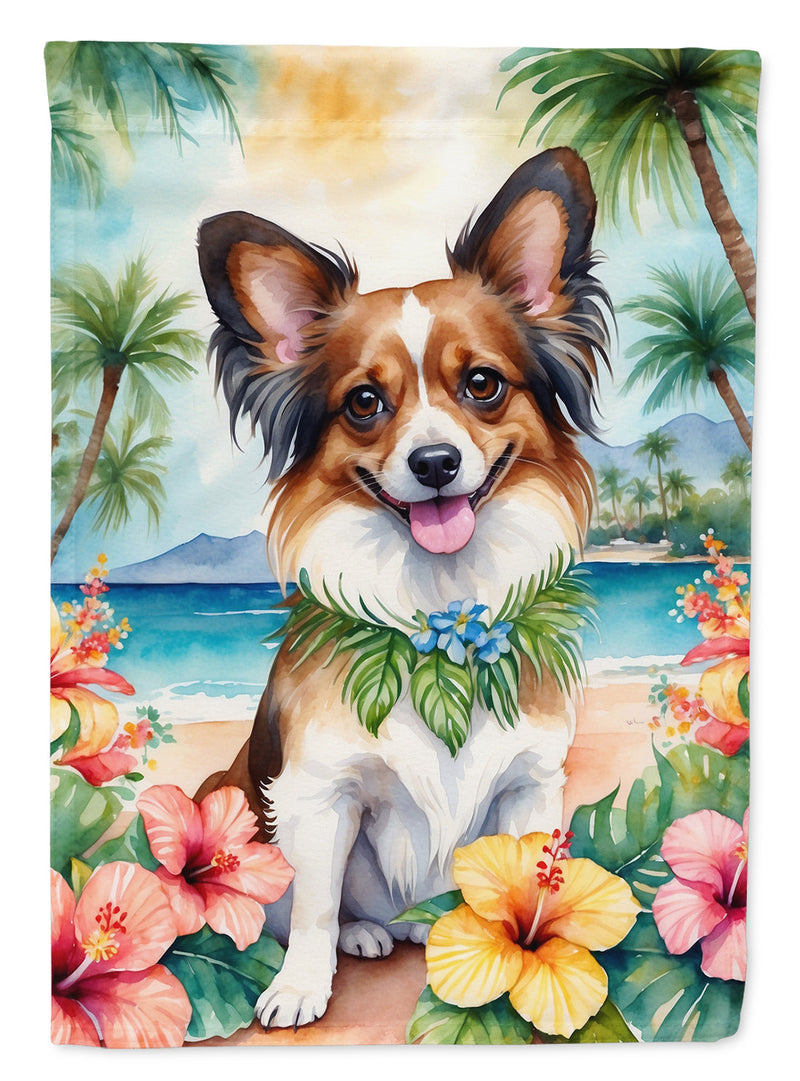 Papillon Luau Garden Flag – Tropical Dog Decor with Hibiscus & Palm Leaves