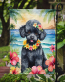 Black Poodle Luau Garden Flag – Tropical Dog Decor with Hibiscus & Palm Leaves