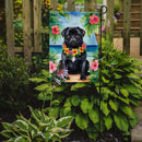 Black Pug Luau Garden Flag – Tropical Dog Decor with Hibiscus & Palm Leaves