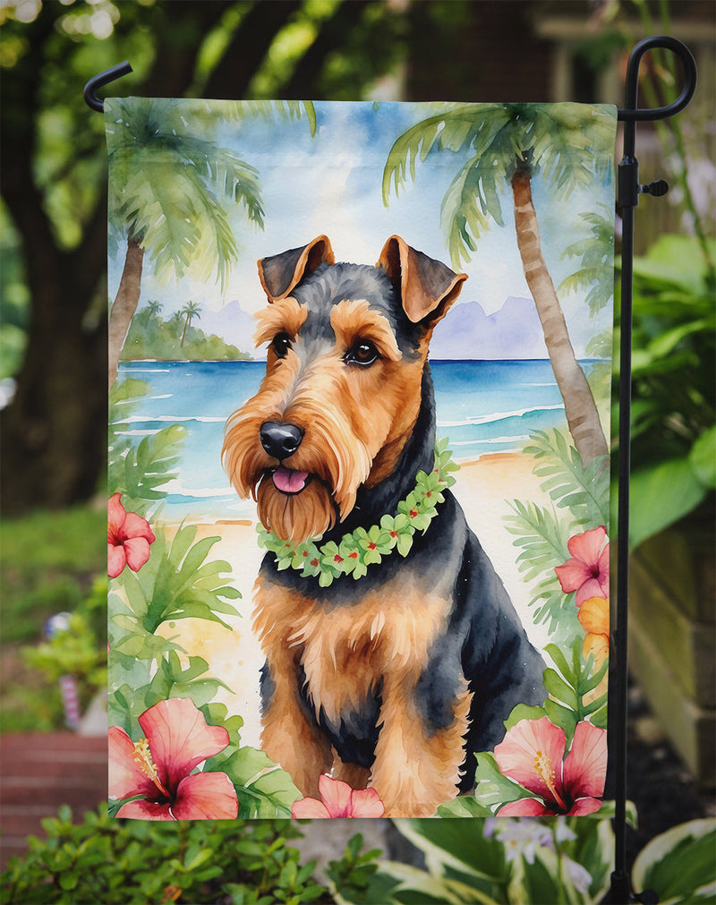 Welsh Terrier Luau Garden Flag – Tropical Dog Decor with Hibiscus & Palm Leaves