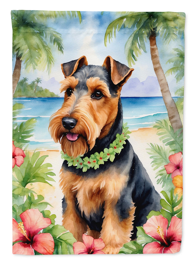 Welsh Terrier Luau Garden Flag – Tropical Dog Decor with Hibiscus & Palm Leaves