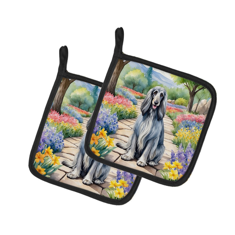 Afghan Hound Spring Garden Pair of Pot Holders