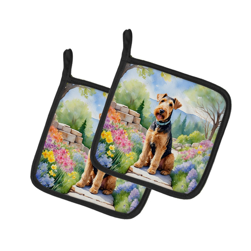 Airedale Terrier Spring Garden Pair of Pot Holders