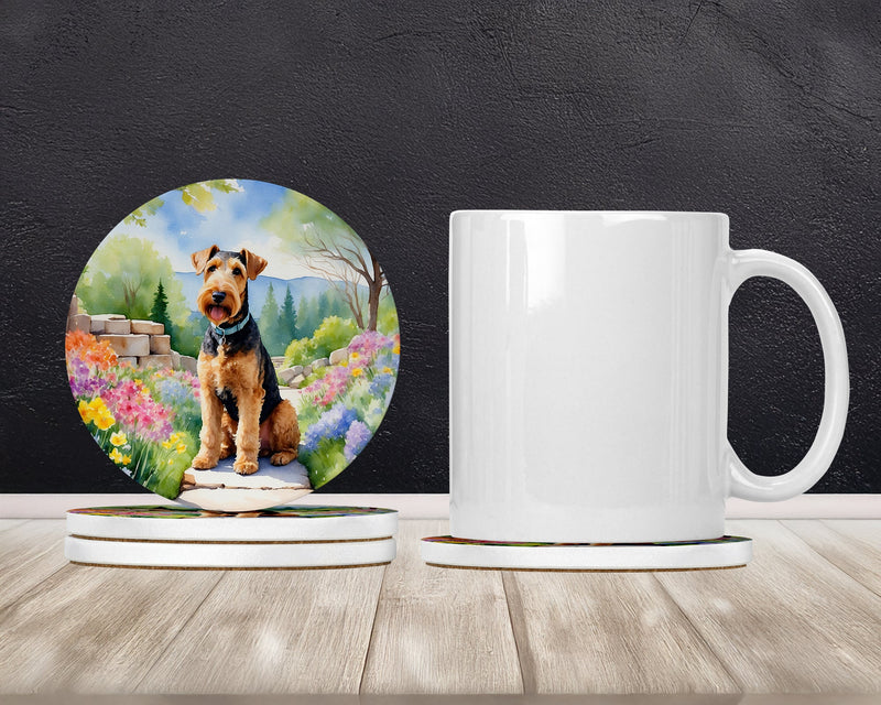 Airedale Terrier Spring Garden Large Sandstone Coasters Pack of 4