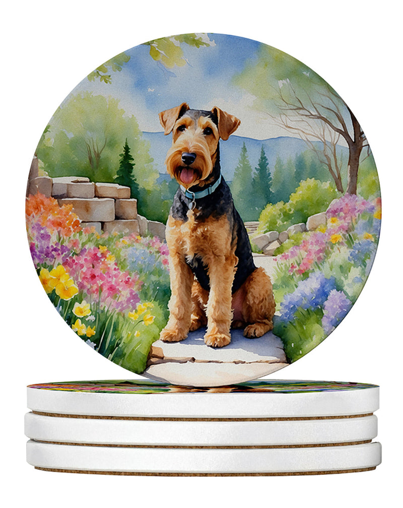 Airedale Terrier Spring Garden Large Sandstone Coasters Pack of 4