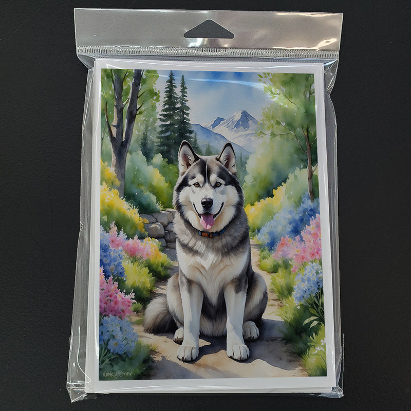 Alaskan Malamute Spring Garden Greeting Cards Pack of 8