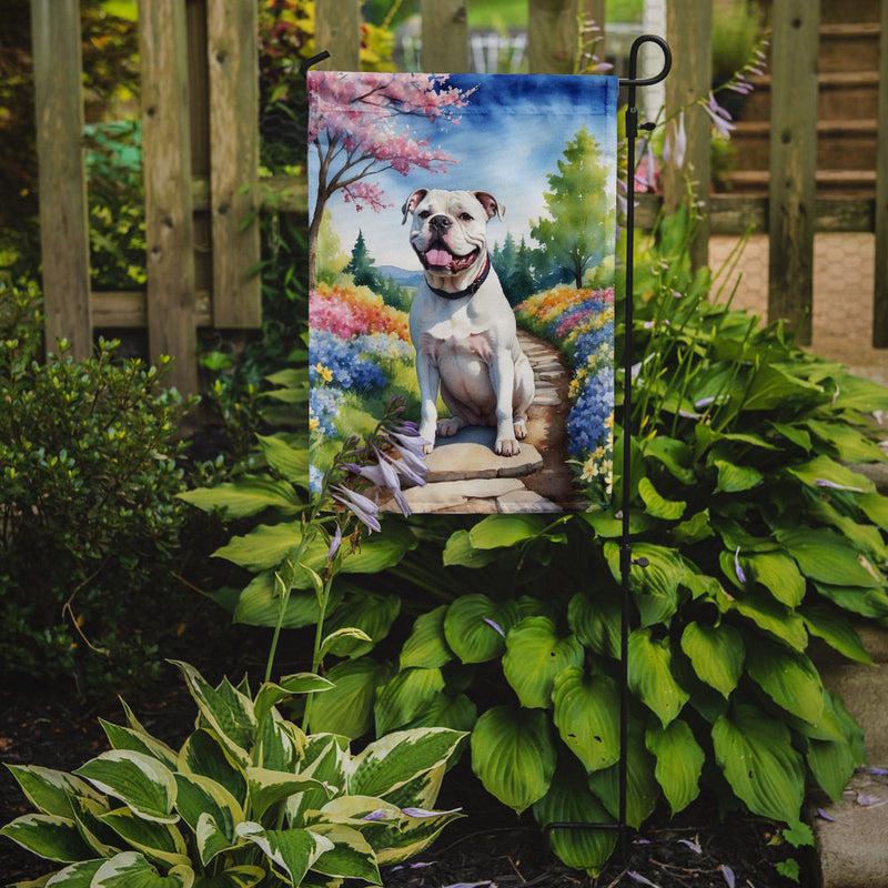 American Bulldog Spring Path Garden Flag  – Dog-Themed Floral Outdoor Decor