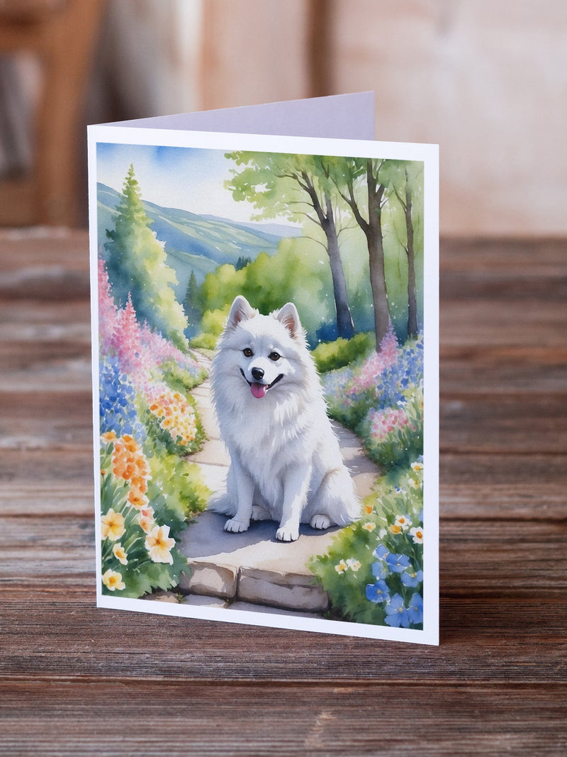 American Eskimo Spring Garden Greeting Cards - Blank Note Cards – 8-Pack of Artist-Designed Cards with Envelopes