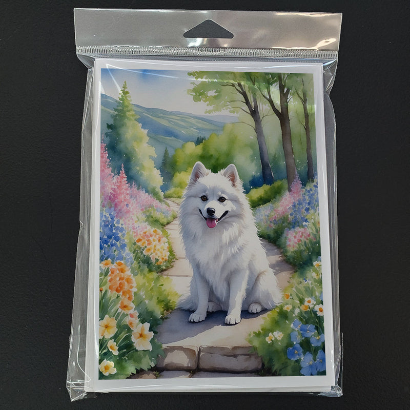 American Eskimo Spring Garden Greeting Cards - Blank Note Cards – 8-Pack of Artist-Designed Cards with Envelopes