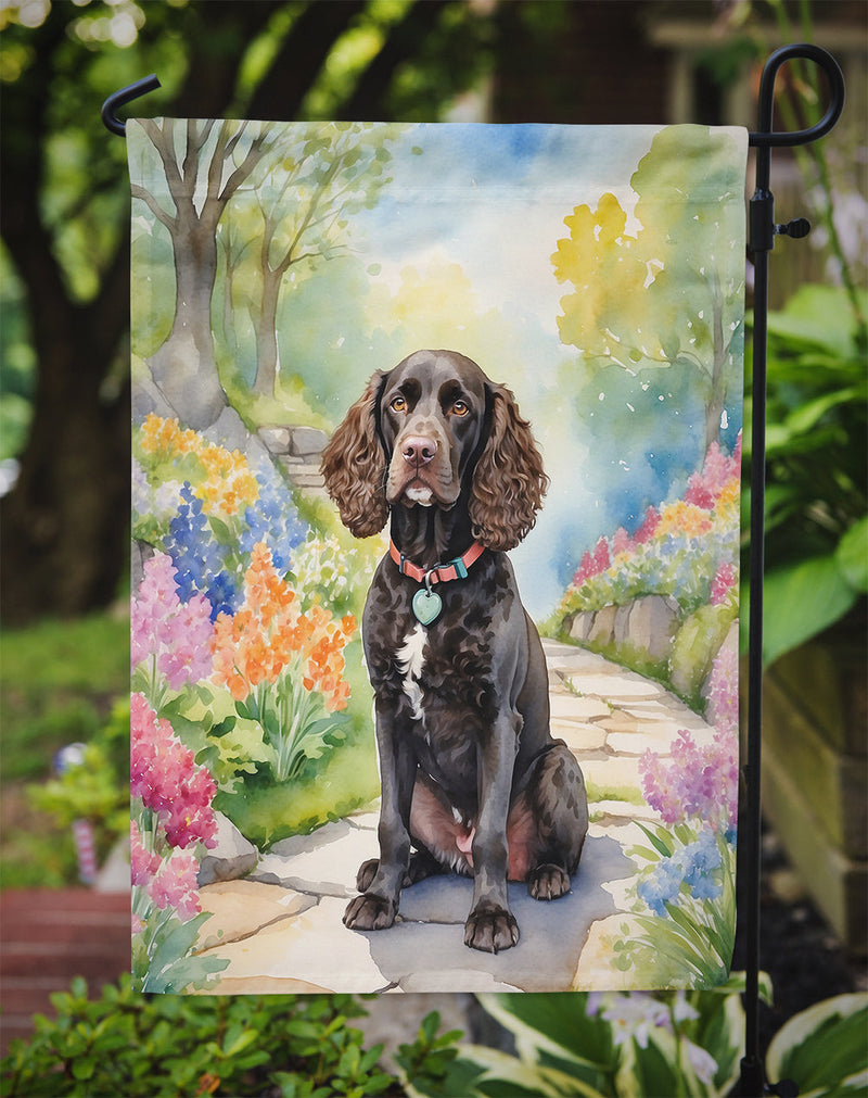 American Water Spaniel Spring Path Garden Flag  – Dog-Themed Floral Outdoor Decor