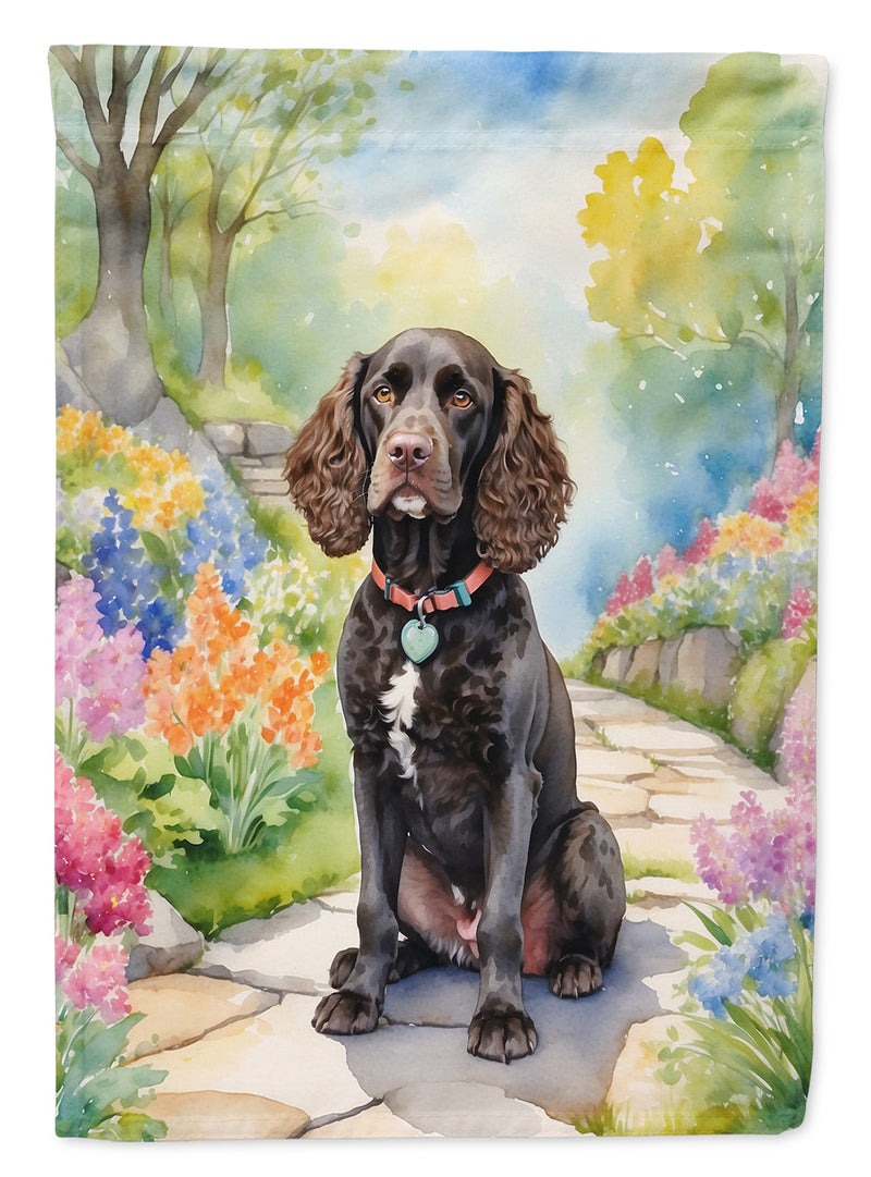 American Water Spaniel Spring Path Garden Flag  – Dog-Themed Floral Outdoor Decor