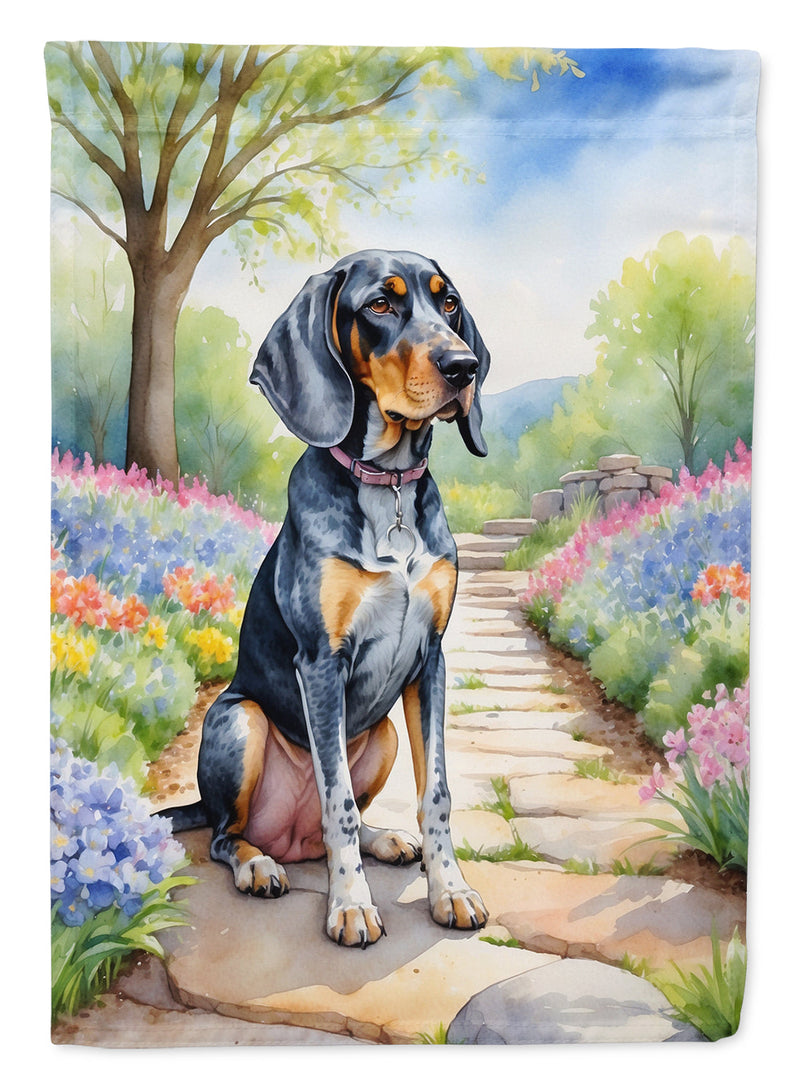 Bluetick Coonhound Spring Path Garden Flag  – Dog-Themed Floral Outdoor Decor