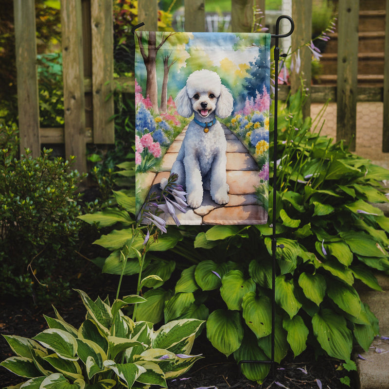 White Poodle Spring Path Garden Flag  – Dog-Themed Floral Outdoor Decor