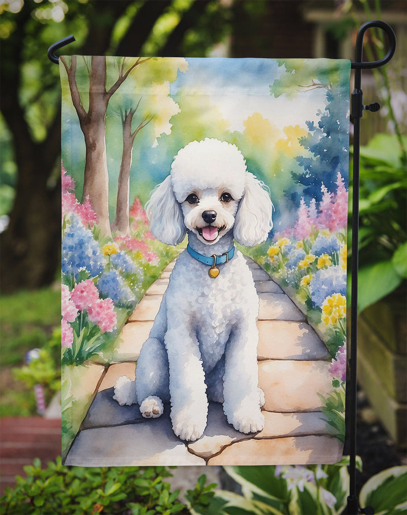 White Poodle Spring Path Garden Flag  – Dog-Themed Floral Outdoor Decor