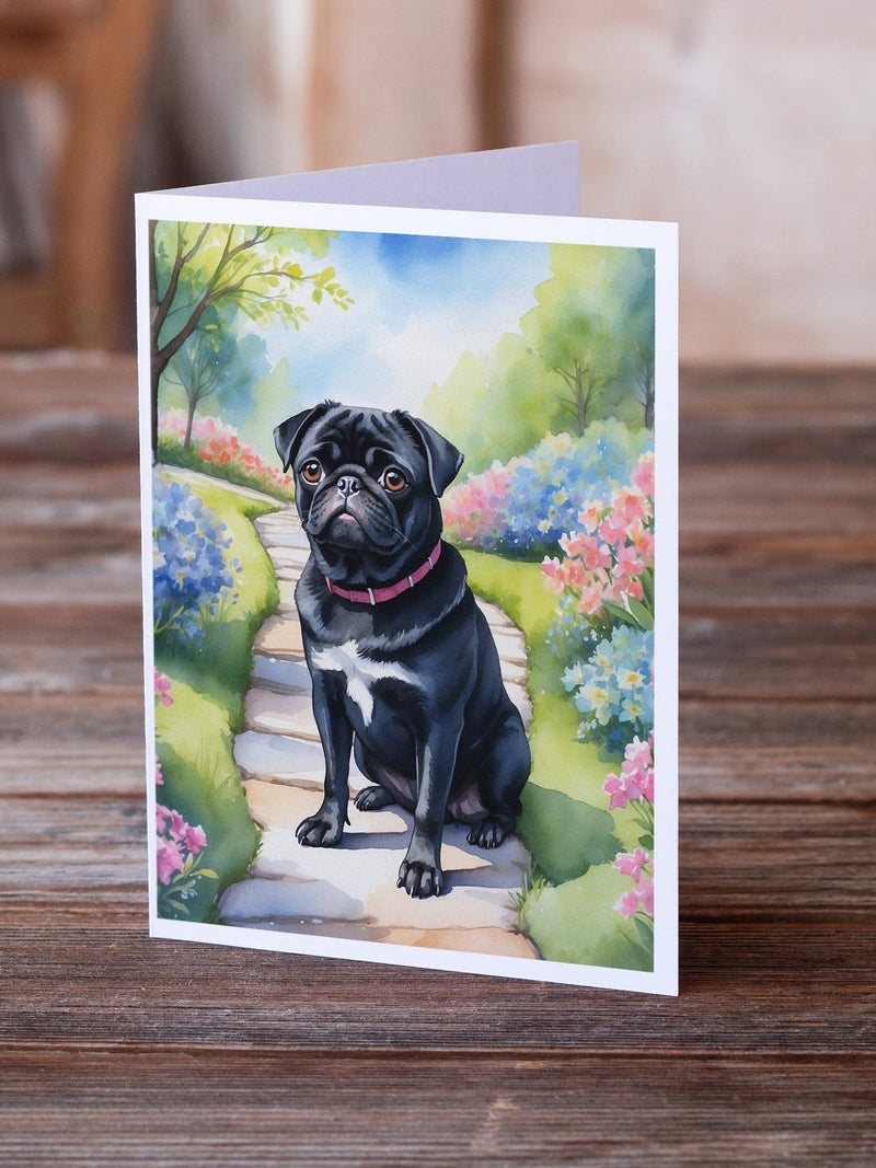 Black Pug Spring Path Greeting Cards - Blank Note Cards – 8-Pack of Artist-Designed Cards with Envelopes