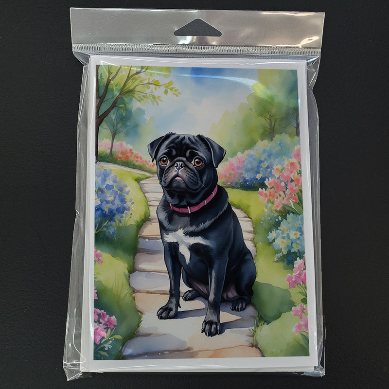 Black Pug Spring Path Greeting Cards - Blank Note Cards – 8-Pack of Artist-Designed Cards with Envelopes