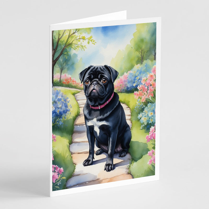 Black Pug Spring Path Greeting Cards - Blank Note Cards – 8-Pack of Artist-Designed Cards with Envelopes